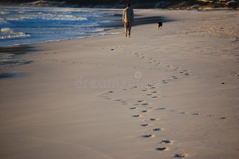 A man walking his dog along the beach near the ocean, leaving his footprints on the sand stock image A man walking his dog along the beach near the ocean, leaving his footprints on the sand stock image