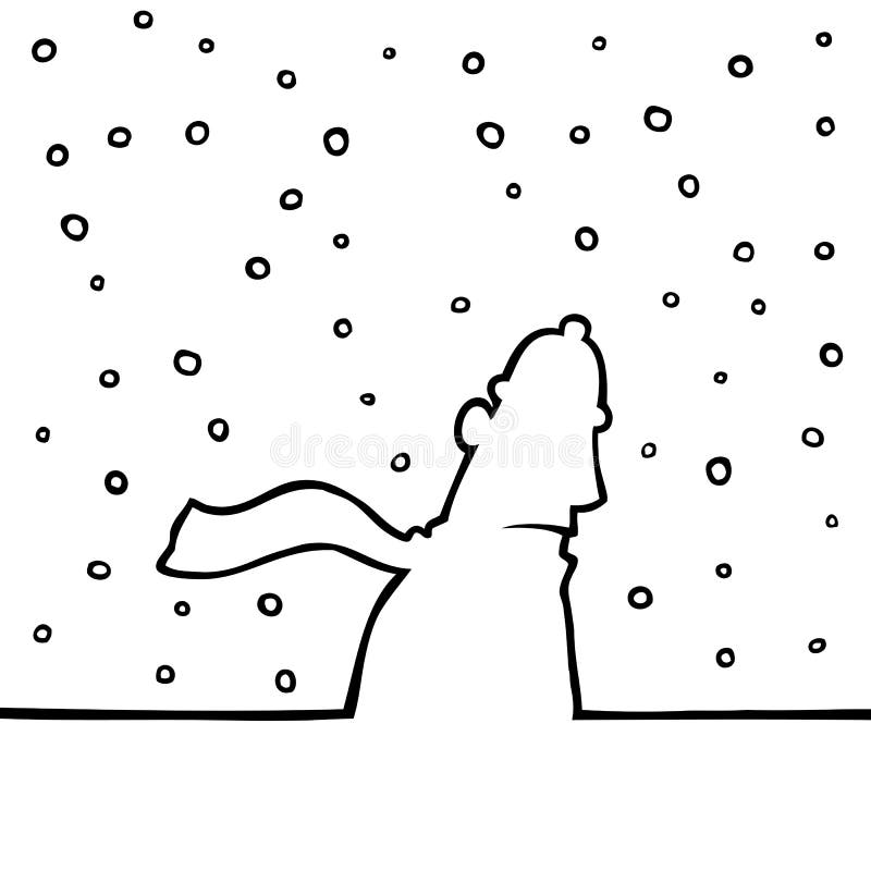 Black line art illustration of a man walking through snowy weather.