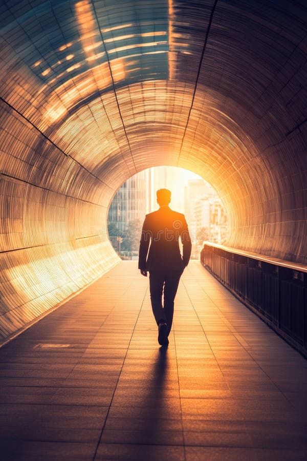 Man Walking Through Tunnel Towards Light. Person making their way through dark tunnel with beacon of light in sight, possibly symbolizing hope or guidance AI generated