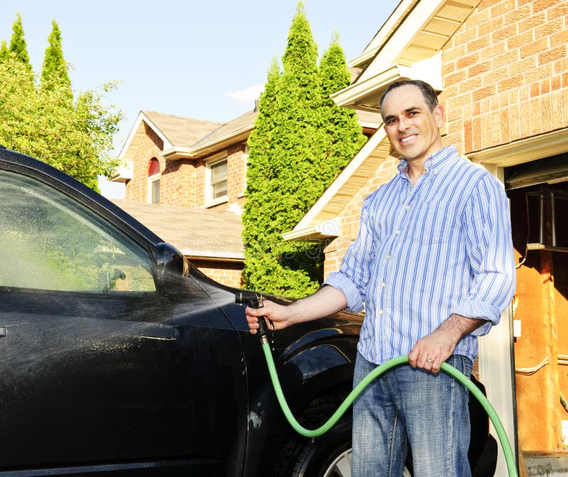 Man Washing Car on Driveway Stock Image Image of bright, people 14814081