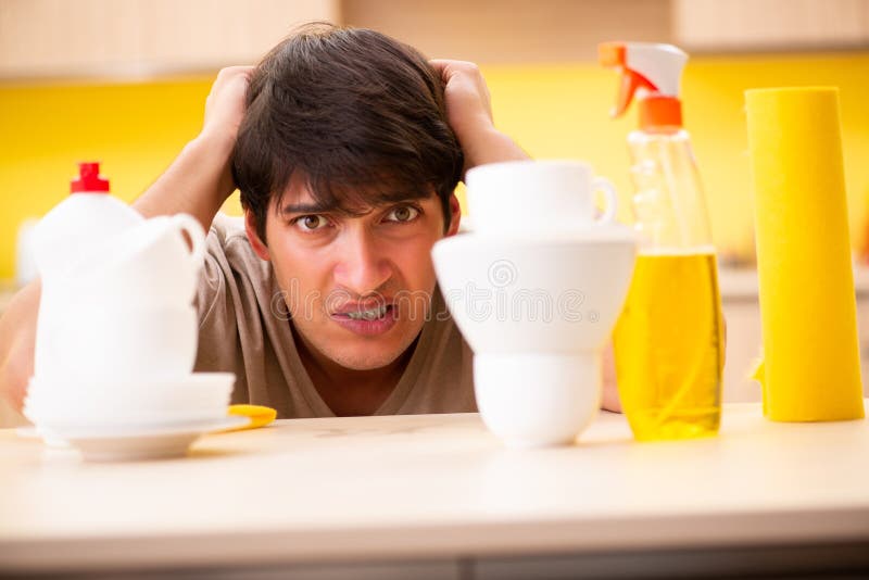The Man Washing Dishes at Home Stock Image Image of angry, foam
