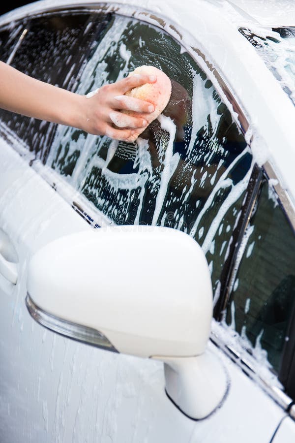 Man Washing White Car with Sponge Stock Image Image of service