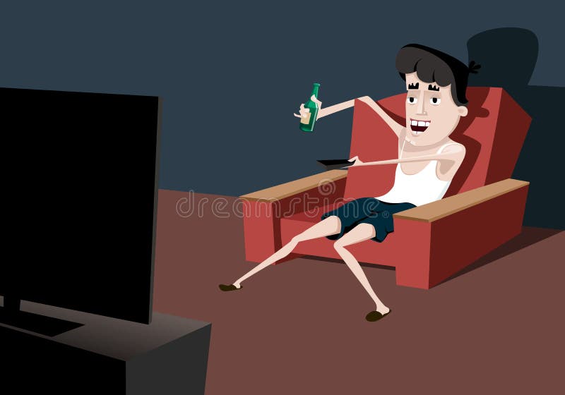 Man watching TV and drink beer: relax at home on couch
