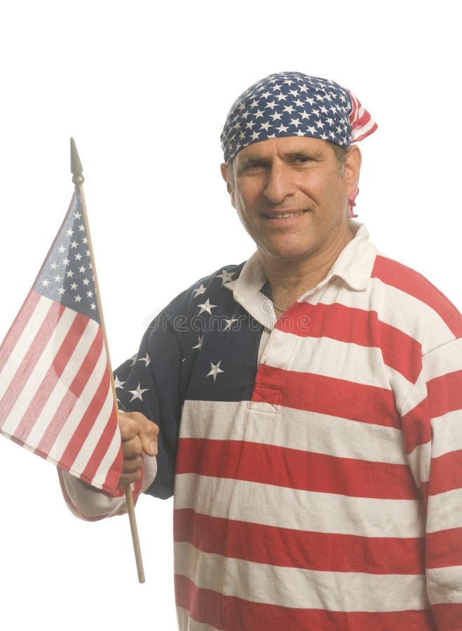 man wearing American flag shirt