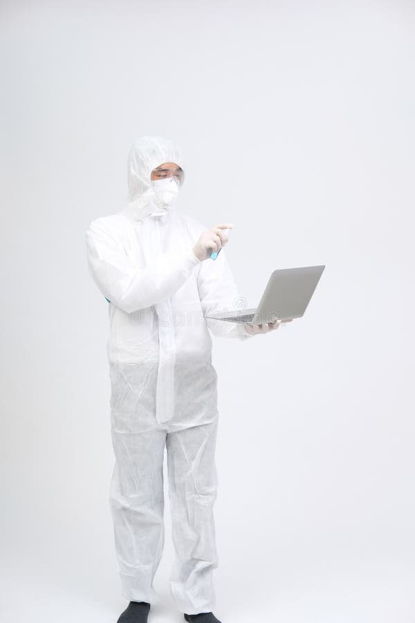 Man Wearing Biological Protective Uniform Suit Clothing, Mask, Gloves ...