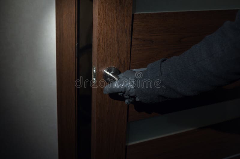 Man Wearing Gloves Opens the Door at Night Stock Photo Image of felony, criminal 84808138