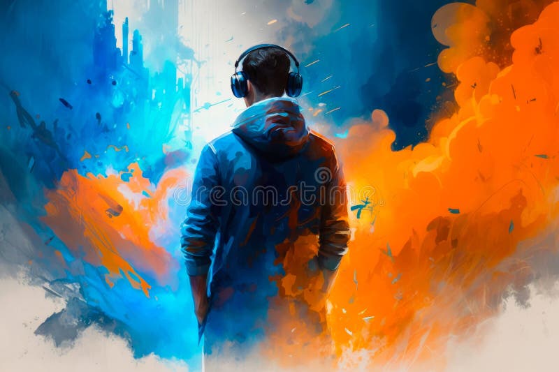 https://thumbs.dreamstime.com/b/man-wearing-headphones-standing-front-colorful-painting-generative-ai-270282085.jpg