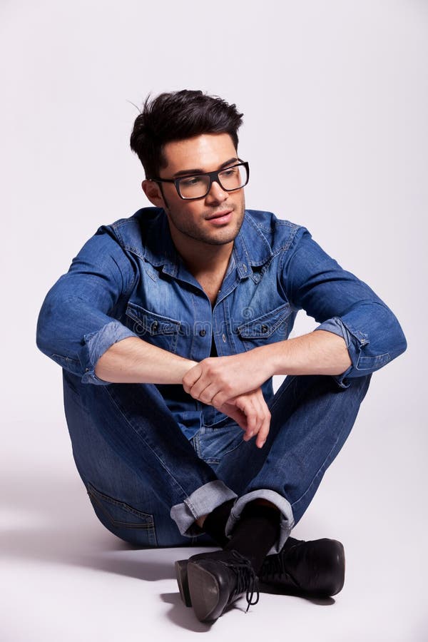 Man Wearing Jeans Shirt and Glasses, Sitting Stock Photo Image of