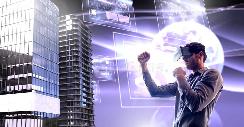 Man wearing virtual reality headset with Tall buildings with world and screens interface stock illustration