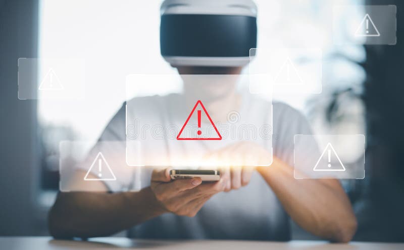 Man wearing VR glasses virtual touch Hacker touch laptop or smartphone and Touching in graph Screen code of a media screen on the royalty free stock image