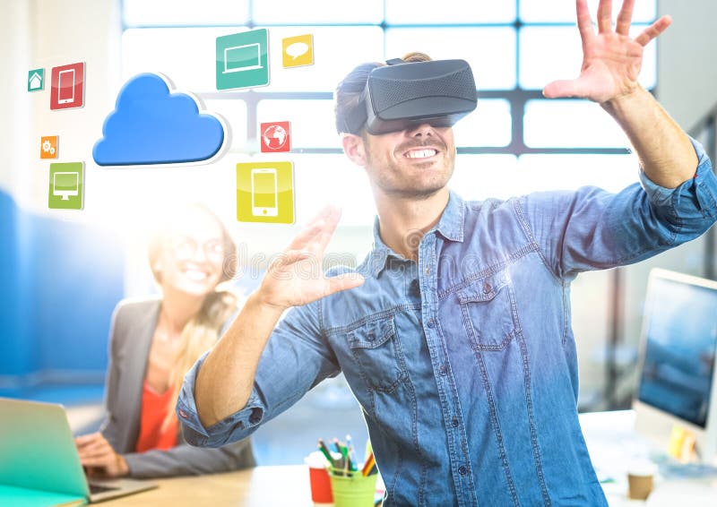 Man wearing VR Virtual Reality Headset with Interface royalty free stock image Man wearing VR Virtual Reality Headset with Interface royalty free stock image