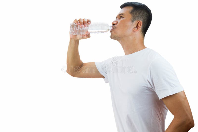 Man Wearing White Shirt Drinking Water from Bottle Isolated on White  Background Stock Image - Image of athlete, muscle: 109550285