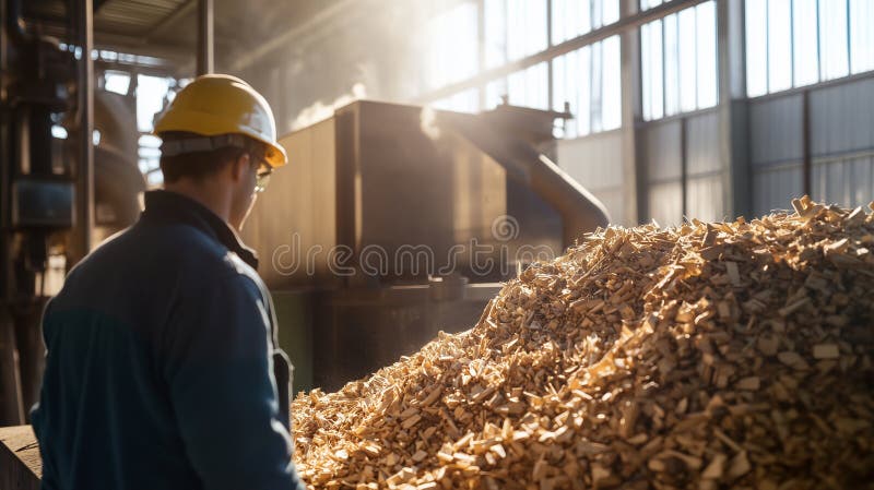A man wearing a yellow hard hat and blue jacket stands inside a processing facility royalty free illustration
