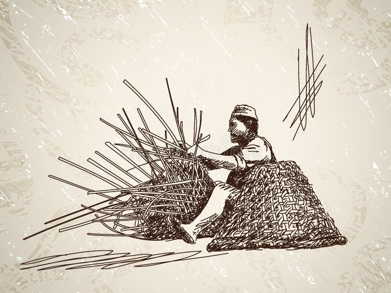 Man weaves a basket of bamboo