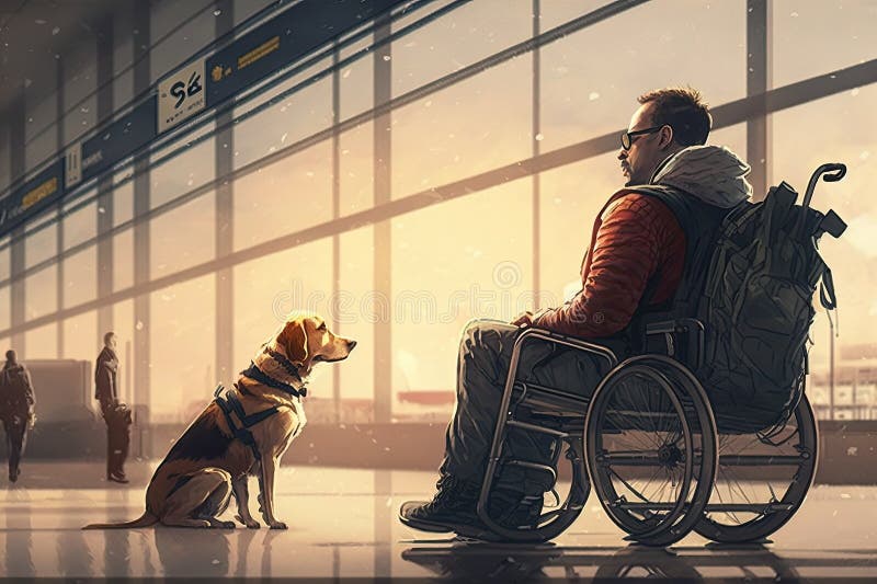 man in wheelchair, watching the bustling airport terminal with his trusty service dog by his side