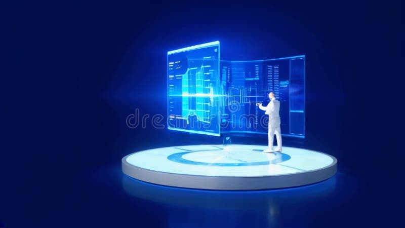 A man in a white suit stands in front of a computer monitor royalty free illustration