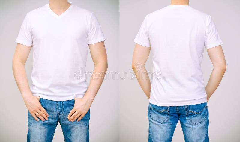 Black T-shirt on a Young Man White Background, Front and Back Stock ...