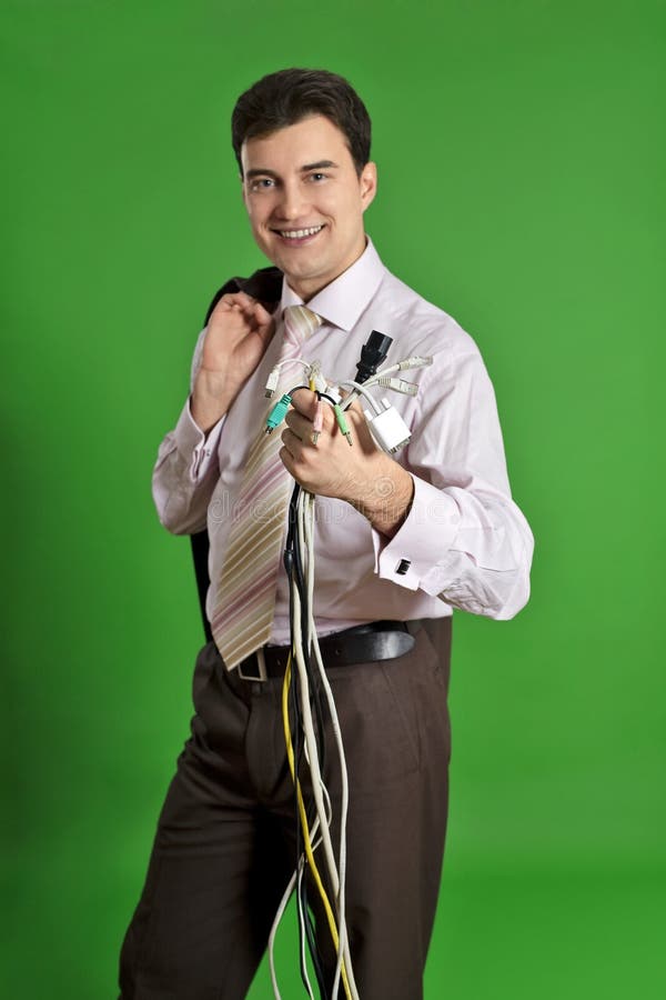 Man with wires in his hand stock photography