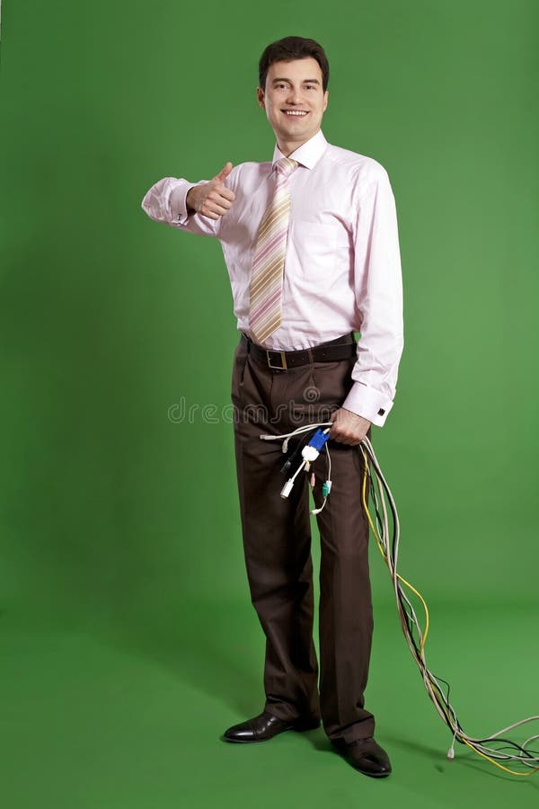 Man with wires in his hand stock images