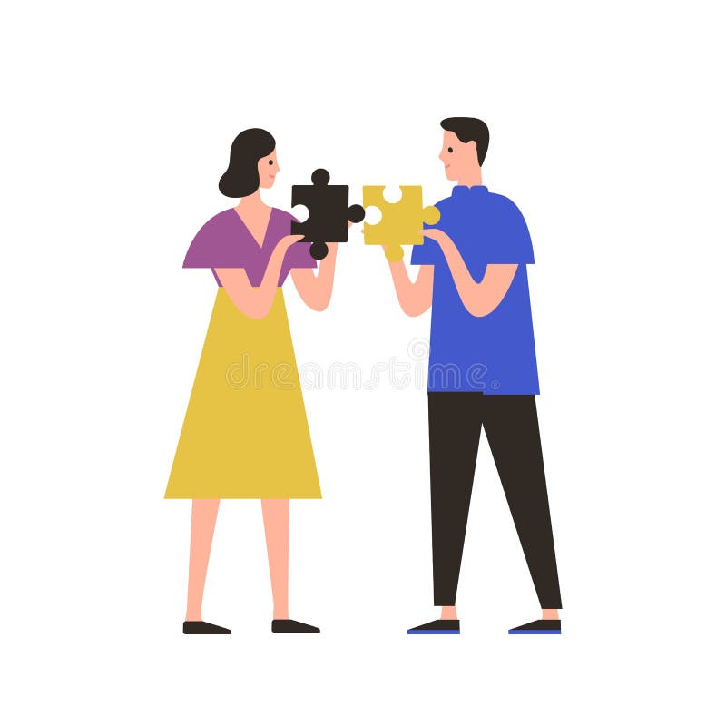 Man and woman assembling jigsaw puzzle flat vector illustration. Couple relationship therapy, marriage management