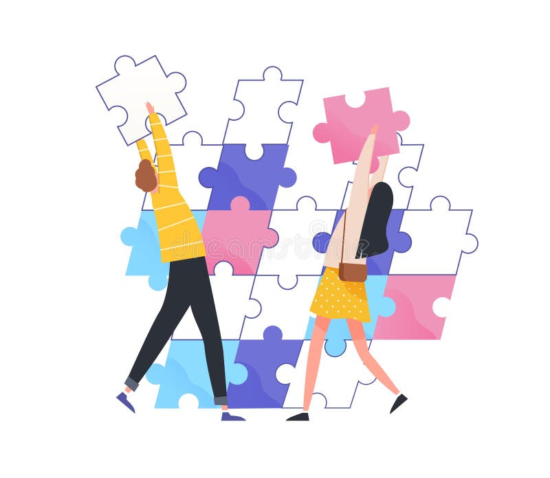 Man and woman assembling jigsaw puzzle vector flat illustration. Couple collaboration working on relationship or