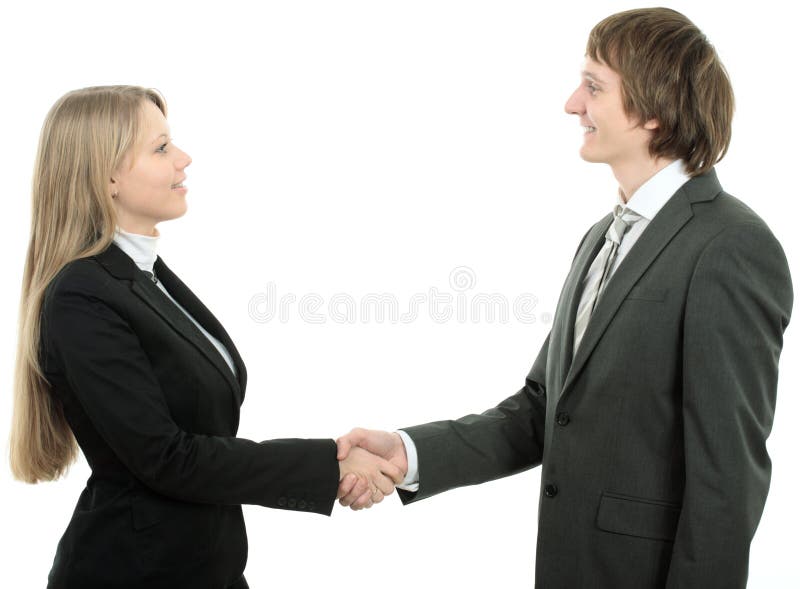 Man and woman business team shaking hands