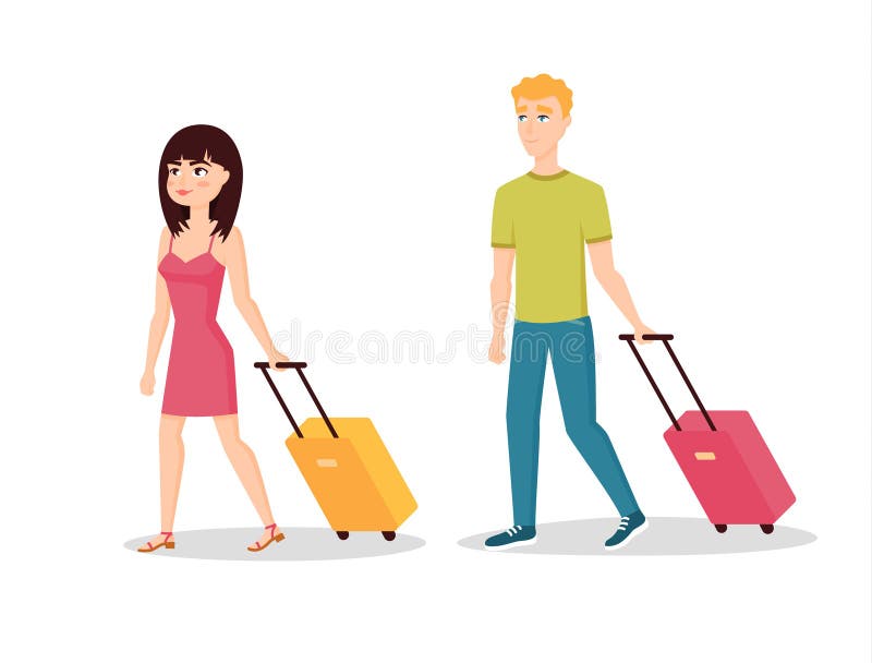 Man and Woman Carrying Luggage Suitcase in Trendy Modern Flat Style  Background. Vector Eps10 Stock Vector - Illustration of leisure, looking:  160506707