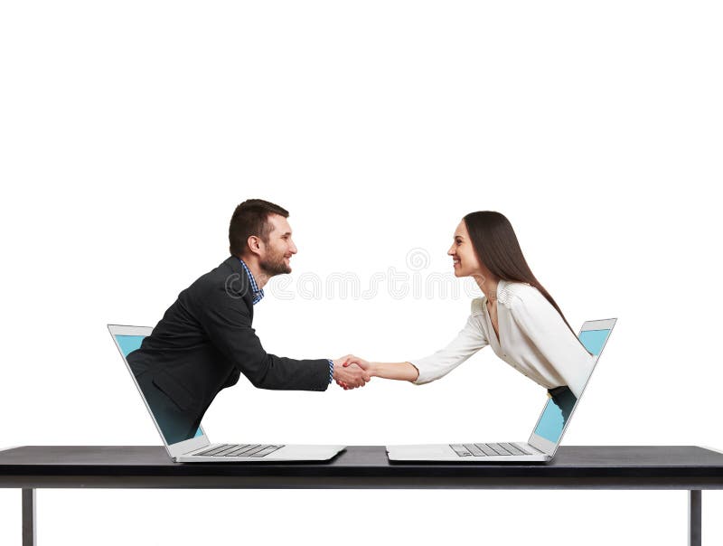 Man and woman come out from laptop