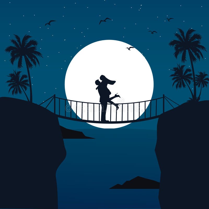 Man woman couple hug silhouette with moon in the background at bridge romantic scene