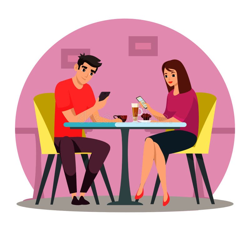 Man and woman couple using digital gadget in cafe royalty free illustration