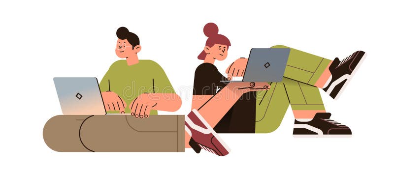 Man woman couple using laptops social media communication digital addiction freelance concept stock illustration