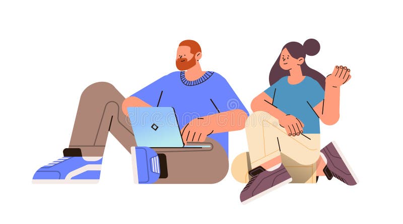 Man woman discussing during meeting couple using laptop social media communication digital addiction concept stock illustration