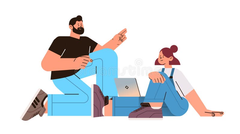 Man woman discussing during meeting couple using laptop social media communication digital addiction concept stock illustration