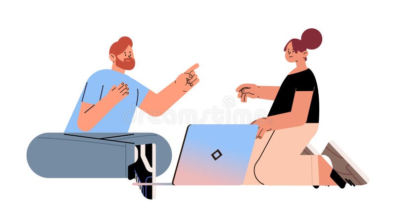 Man woman discussing during meeting couple using laptop social media communication digital adiction concept vector illustration