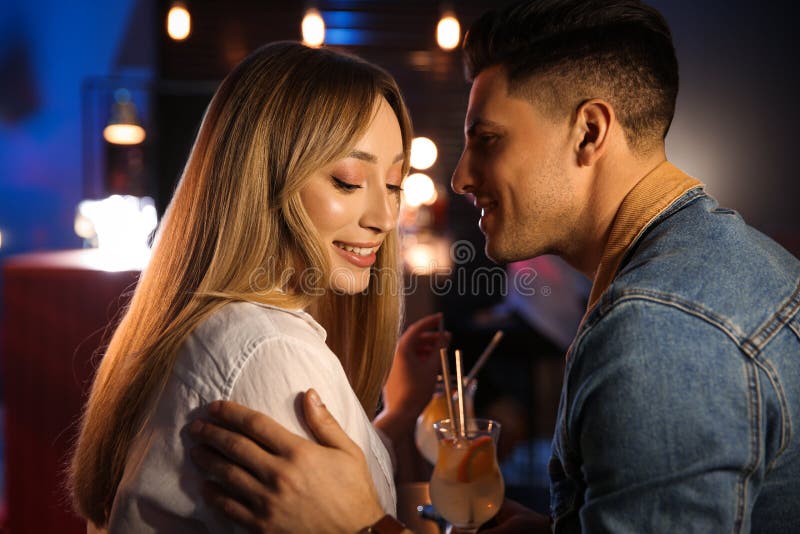 Man and Woman Flirting with Each Other in Bar Stock Image Image of