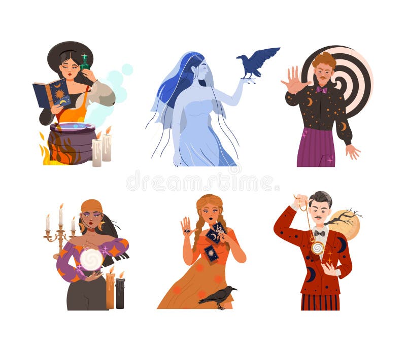 Man and Woman Fortune Teller, Psychic and Hypnotist Predicting Future and Performing Occult Ritual Vector Illustration Set. Male and Female with Extrasensory Perception and Paranormal Ability Concept