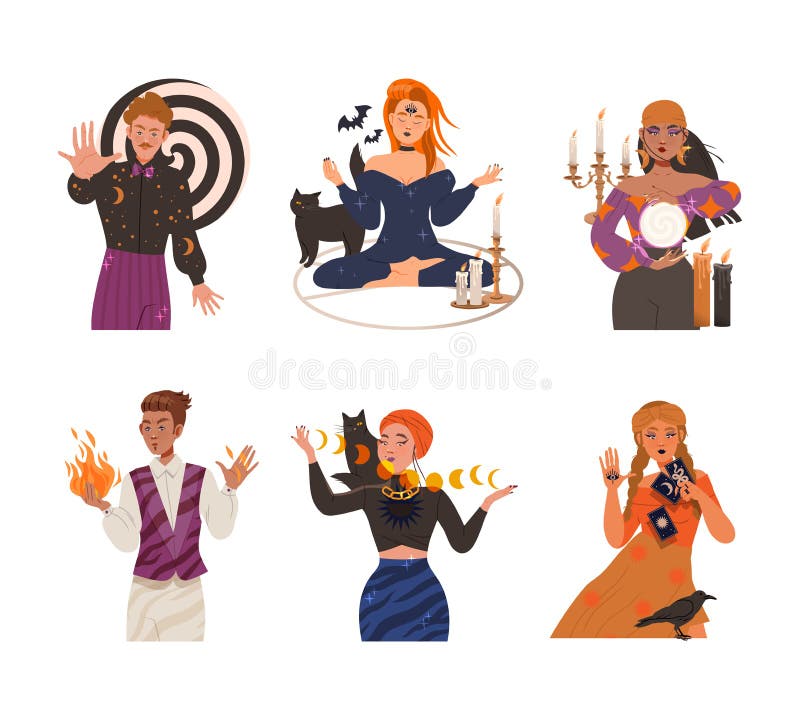 Man and Woman Fortune Teller, Psychic and Hypnotist Predicting Future and Performing Occult Ritual Vector Illustration Set. Male and Female with Extrasensory Perception and Paranormal Ability Concept