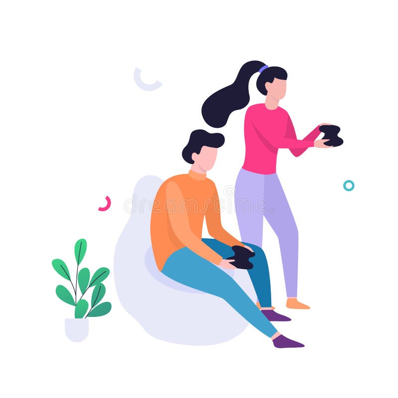 Man and woman holding joystick and play video game. Couple have fun. Vector illustration in flat style