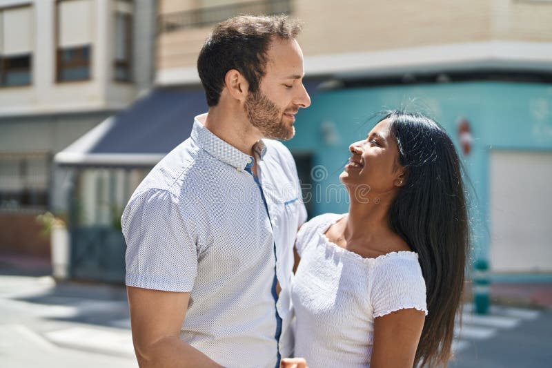 Man And Woman Interracial Couple Hugging Each Other At Street Stock 