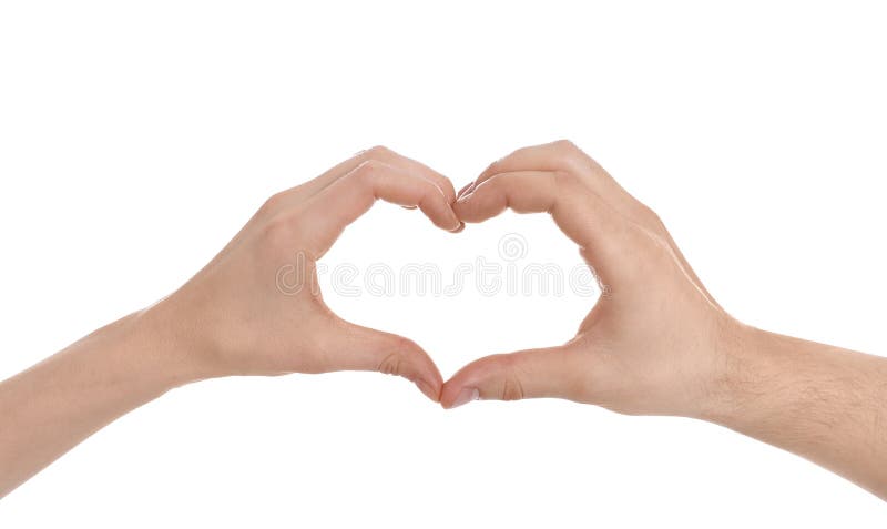 Man and woman making heart with their hands on white background