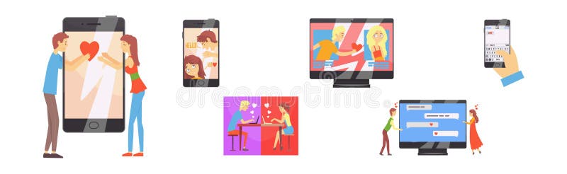 Man and Woman Meet in Dating App Send Message Vector Set royalty free illustration