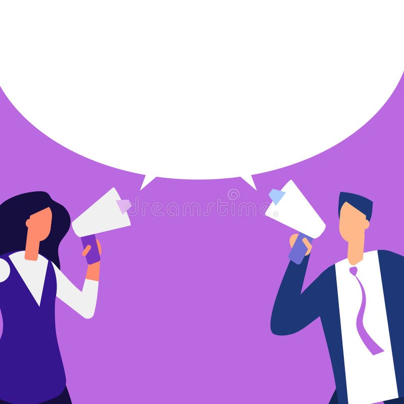 Man and woman with megaphone making message vector illustration stock illustration