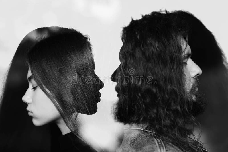 Man and women profile multiple exposure portrait. Codependency and relationship. Man and women profile multiple exposure portrait. Codependency and relationship