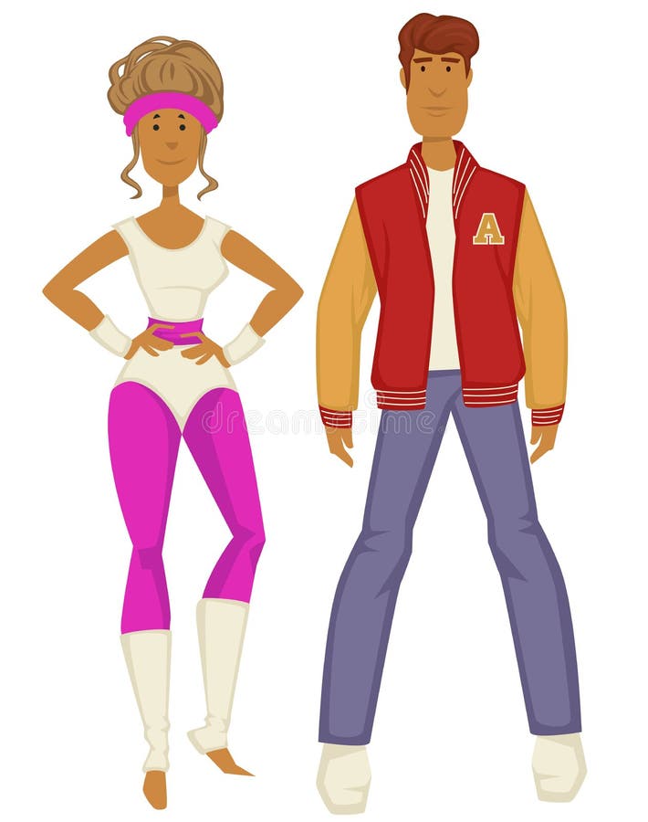 Man and woman, 1980s couple, fitness suit and baseball leggings royalty free illustration Man and woman, 1980s couple, fitness suit and baseball leggings royalty free illustration