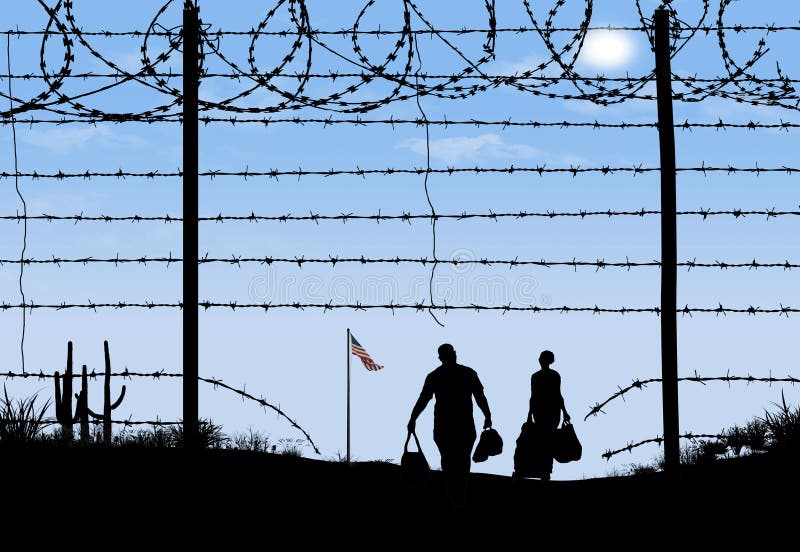 A man and woman are seen in silhouette after breaching a border fence