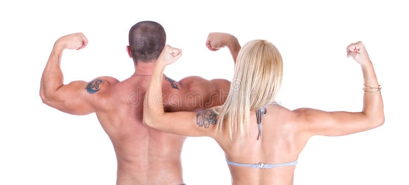 Man and woman showing who s back is bigge