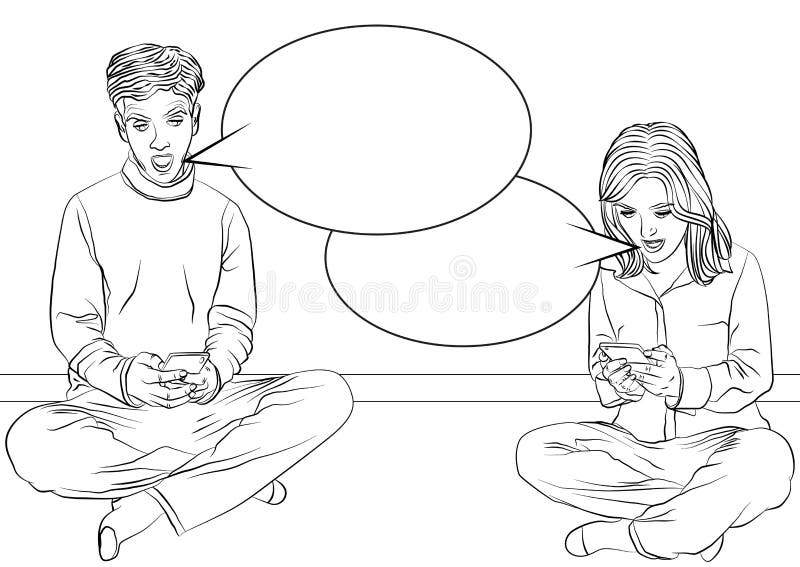 Man and woman sitting on a floor with legs crossed, looking at their mobile phones. stock illustration Man and woman sitting on a floor with legs crossed, looking at their mobile phones. stock illustration