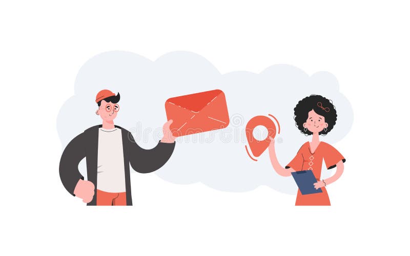 A man and a woman stand with a belt and hold an envelope with a letter and a location. Communications. Element for royalty free illustration
