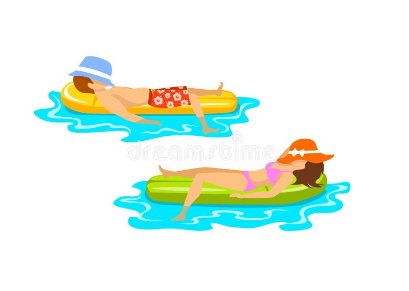 Man and woman on summer time beach vacations relaxing sunbathing floating swimming on inflatable mattress on wate