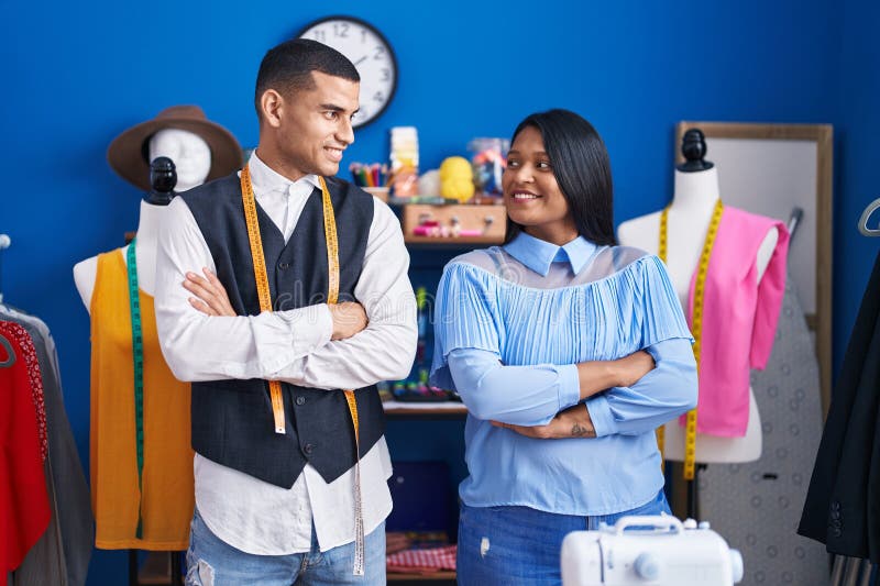 Man and Woman Tailor and Customer Standing with Arms Crossed Gesture at ...